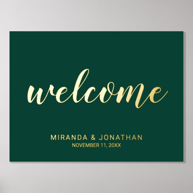 Moderne Script Wedding Willkommen Emerald und Gold Foliendrucke (Vorderseite)