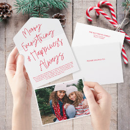 Moderne Script White & Red Holiday Foto Card All In One Einladung