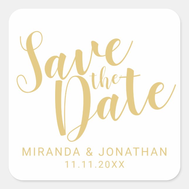 Moderne Script White und Gold Hochzeit speichern d Quadratischer Aufkleber (Vorderseite)
