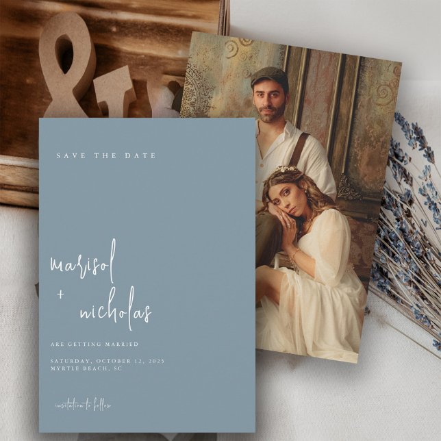 Moderne Sea Blue Minimalistisch Foto Hochzeit Save The Date (Von Creator hochgeladen)