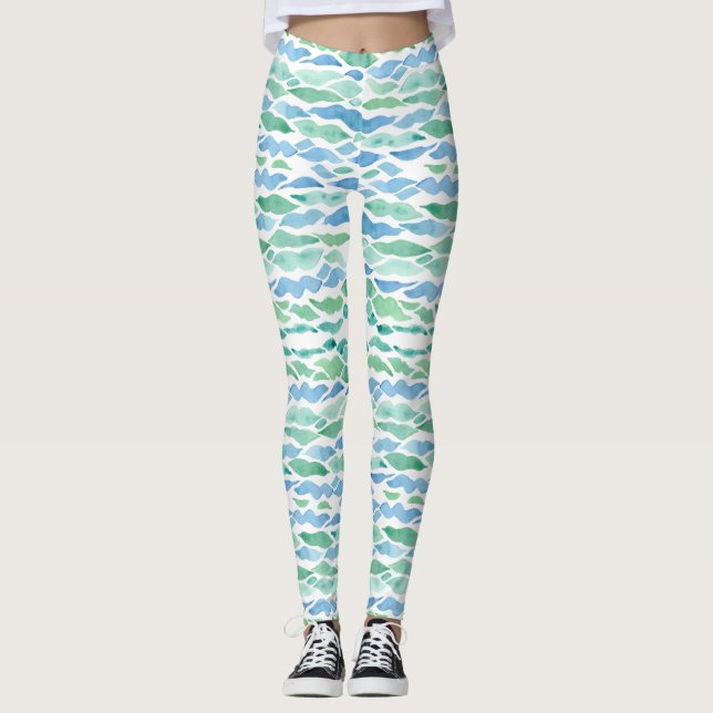 Moderne Sea Glass Beach Wave Muster Wasserfarben K Leggings (Vorderseite)
