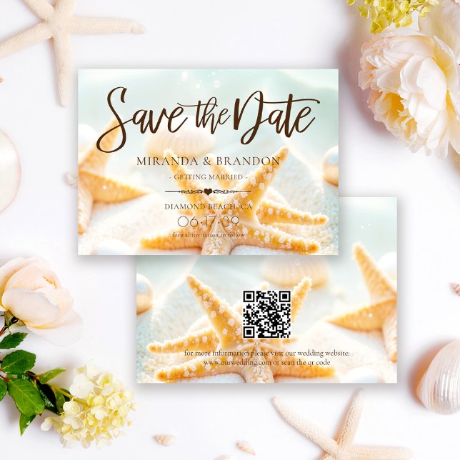 Moderne Seesterne-Schalen QR-Code Strandhochzeit Save The Date (Von Creator hochgeladen)