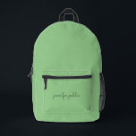 Moderne Seite Grün Farbe Eleganter Skriptname Bedruckter Rucksack<br><div class="desc">Modernste,  Niedliche Vorlage Hochladen Bild-Foto-Bild oder Business-Logo hinzufügen Kalligraphie-Script-Namen oder Text-Seite Grün Solid Color Zubehör / Taschen & Wallets / Rucksack.</div>