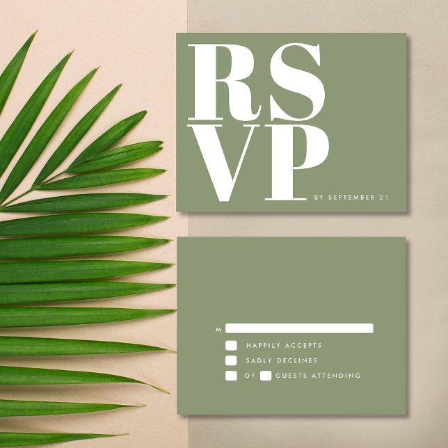Moderne Seite Grün Minimalistische einfache Hochze RSVP Karte (Front / Back)