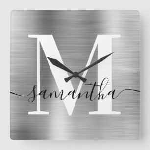 Moderne Signatur-Monogramm-Silberfolie Quadratische Wanduhr