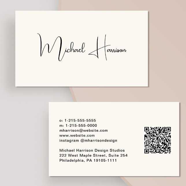 Moderne Signatur Script QR Code Beruflich Creme Visitenkarte (Von Creator hochgeladen)
