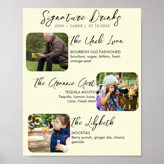 Moderne Signature Drinks Drei-Foto-Hochzeitsposter Poster (Vorne)