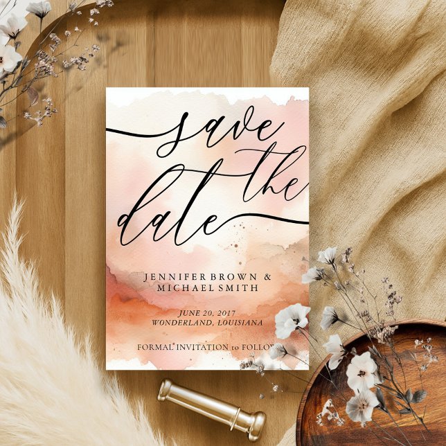 Moderne Signature Rose Gold Wasserfarbenhochzeit Save The Date (Von Creator hochgeladen)