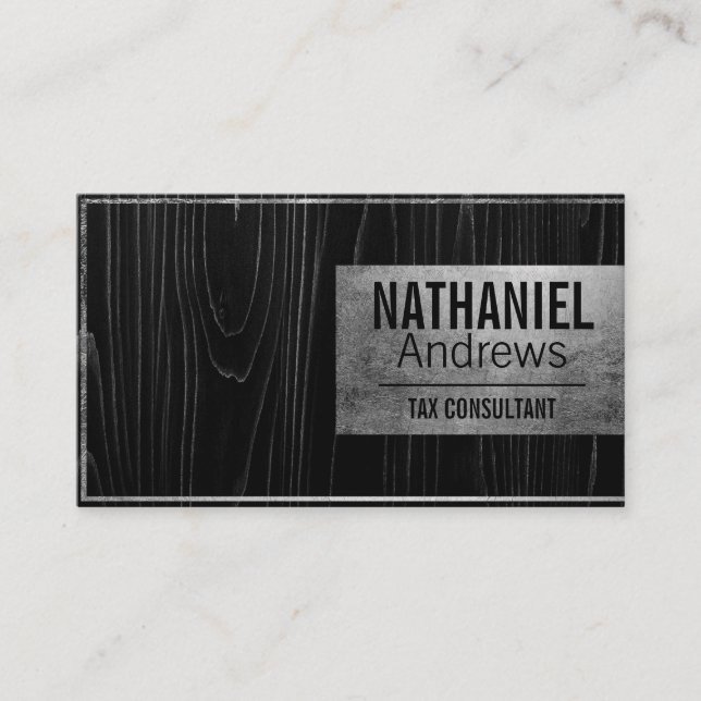 Moderne Silber Border Dark Wood Business Card Visitenkarte (Vorderseite)