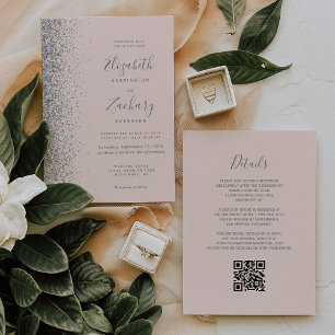 Moderne Silber-Glitter-Blush-Pink-QR-Code-Hochzeit Einladung