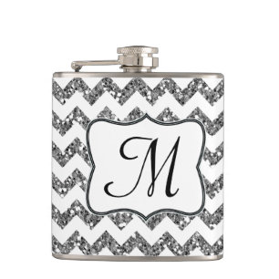Moderne Silber Glitter Chevron Monogramm Whiskyfla Flachmann