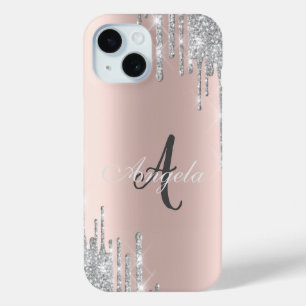 Moderne Silber Glitter Tropfen, Roségold, Monogram Case-Mate iPhone Hülle
