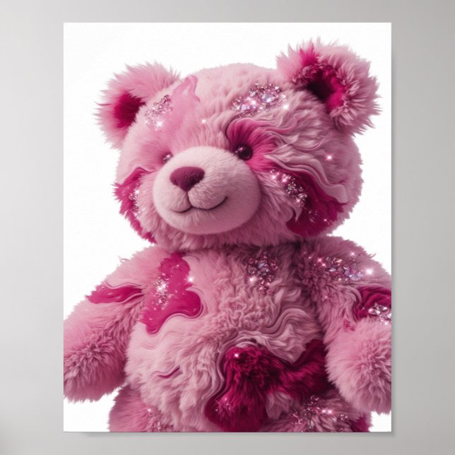Moderne Silber-Rosa-Teddybär-Textgestaltung Poster (Vorne)