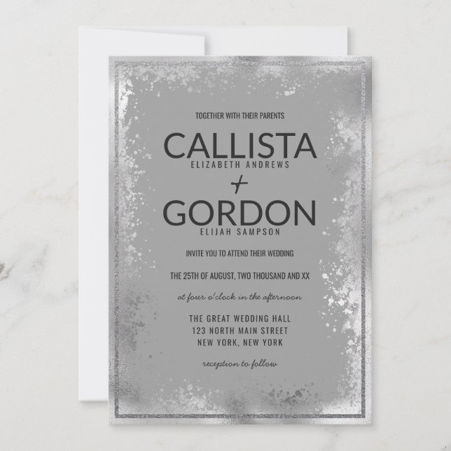 Moderne Silbergraue Spritzer Glitzer Border Weddin Einladung (Vorderseite)