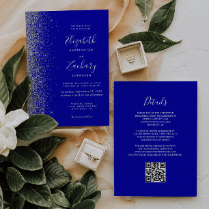 Moderne silberne Glitter Hochzeit mit königsblauem Einladung