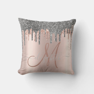 Moderne silberne Glitter-Tropfen Roségold-Monogram Kissen