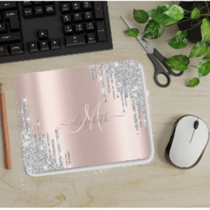 Moderne silberne Glitter-Tropfen Roségold-Monogram Mousepad