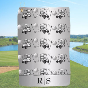 Moderne silberne Golfbälle und Wagen mit individue Golfhandtuch