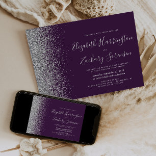 Moderne silberne Hochzeit mit lila Glitter Einladung