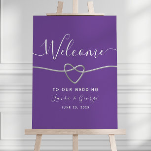 Moderne silberne lila Hochzeit Willkommensschild Poster