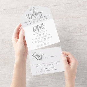 Moderne silberne Schrift Hochzeits-RSVP All In One Einladung
