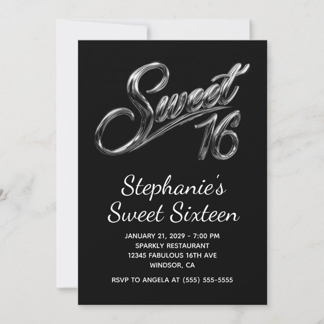 Moderne silberne schwarze Chrom Sweet 16 Einladung (Vorderseite)