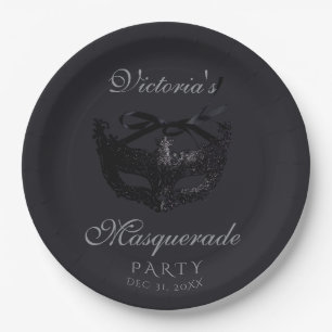 Moderne silberne schwarze Maskenparty  Pappteller