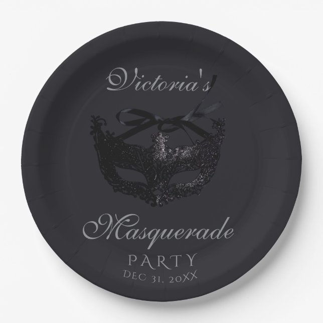 Moderne silberne schwarze Maskenparty  Pappteller (Vorderseite)
