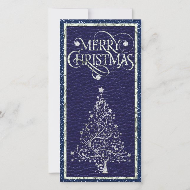 Moderne Silver and Blue Christmas Tree Flat Card (Vorderseite)