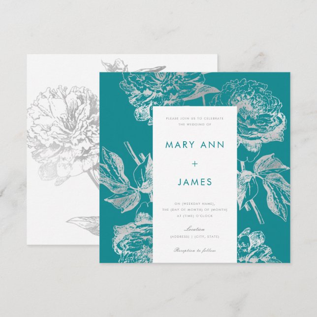 Moderne Silver Aquamarin Wedding Simple Floral Einladung (Vorne/Hinten)