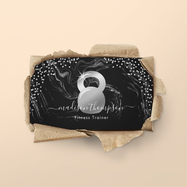 Moderne Silver Black Kettlebell Fitness Visitenkarte (Von Creator hochgeladen)