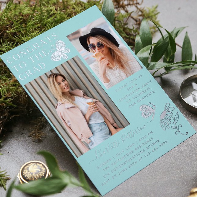 Moderne Silver Butterfly Foto Graduation Party Folieneinladung (Von Creator hochgeladen)
