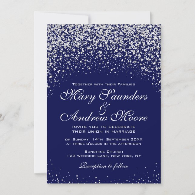 Moderne Silver Confetti auf Royal Blue Einladung (Vorderseite)