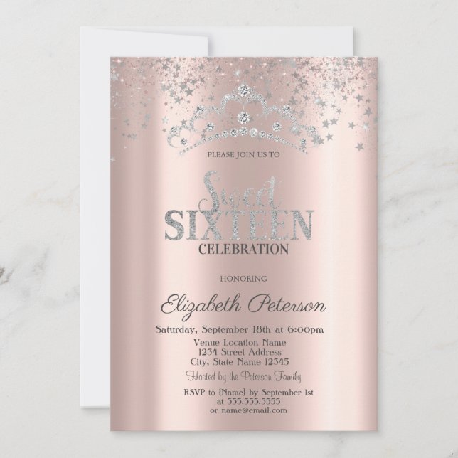 Moderne Silver Crown Confetti Rose Gold Sweet 16 Einladung (Vorderseite)