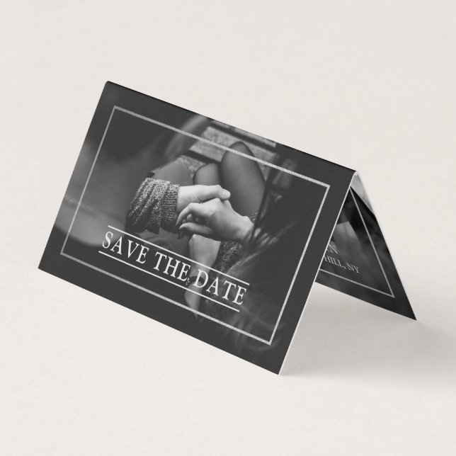 Moderne Silver Foil Foto Save the Date Card Visitenkarten (Vorderseite)
