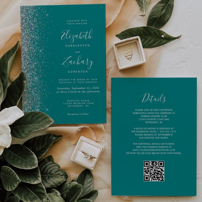 Moderne Silver Glitzer Aquamarin Blue QR Code Hoch Einladung (Von Creator hochgeladen)