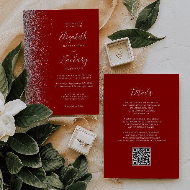 Moderne Silver Glitzer Crimson Red QR Code Hochzei Einladung (Von Creator hochgeladen)