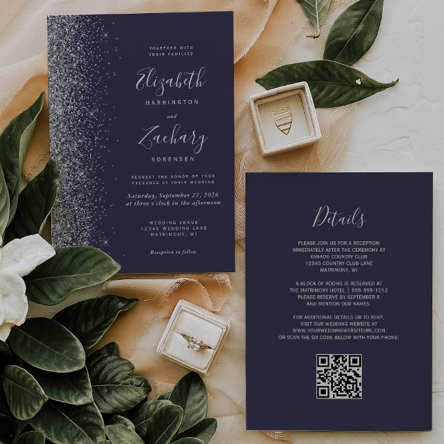 Moderne Silver Glitzer Dark Blue QR Code Hochzeit Einladung (Von Creator hochgeladen)