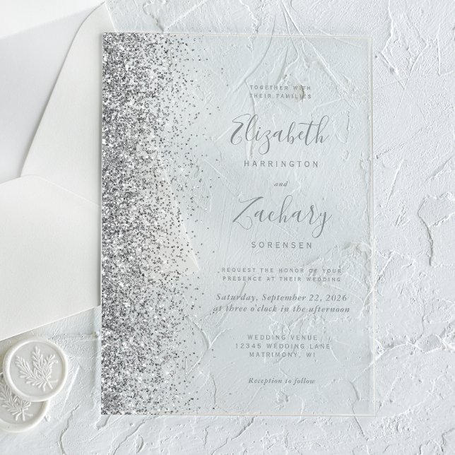 Moderne Silver Glitzer Edge Wedding Acryleinladungen (Von Creator hochgeladen)