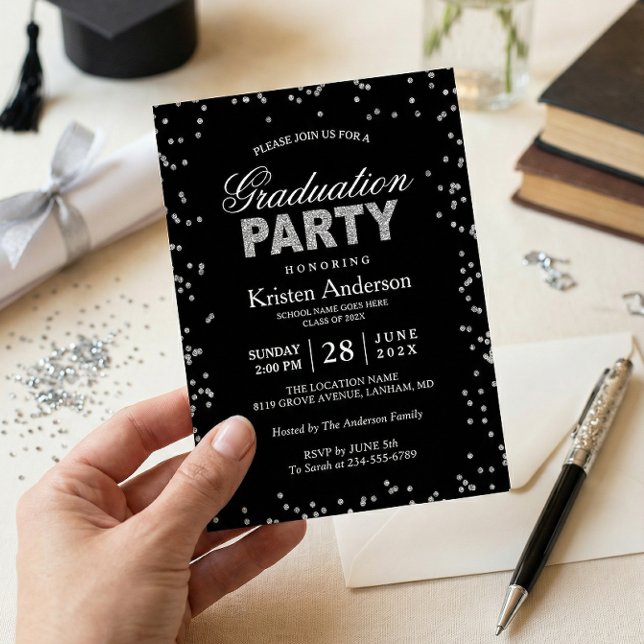 Moderne Silver Glitzer Glitzern Graduation Party Einladung (Von Creator hochgeladen)