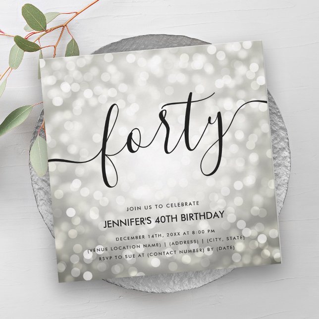 Moderne Silver Glitzer Lights 40. Geburtstag Einladung (Modern Silver Glitter Lights 40th Birthday Invitation)