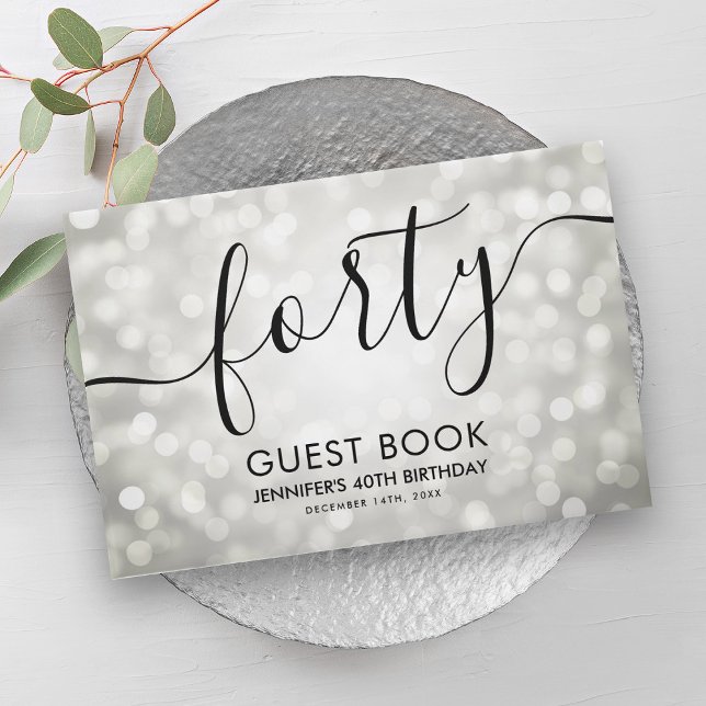 Moderne Silver Glitzer Lights 40. Geburtstag Gästebuch (Modern Silver Glitter Lights 40th Birthday Guest Book)