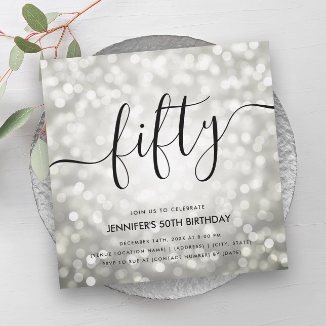 Moderne Silver Glitzer Lights 50. Geburtstag Einladung (Modern Silver Glitter Lights 50th Birthday Invitation)