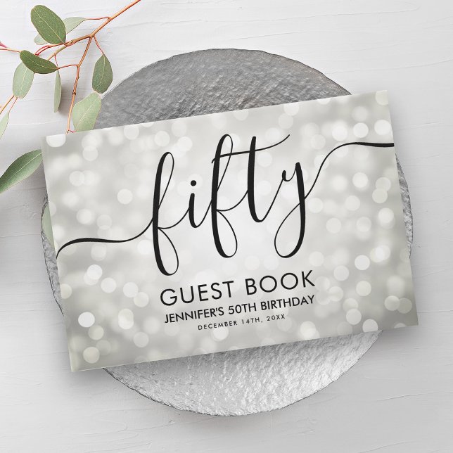 Moderne Silver Glitzer Lights 50. Geburtstag Gästebuch (Modern Silver Glitter Lights 50th Birthday Guest Book)