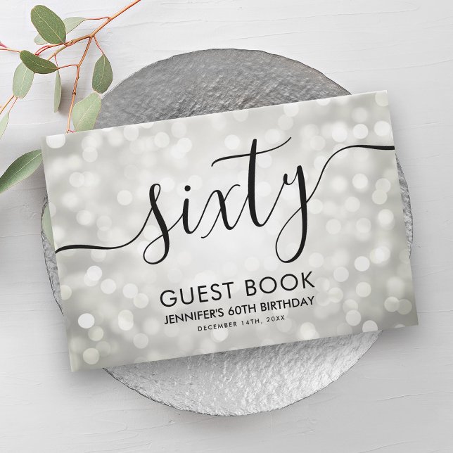 Moderne Silver Glitzer Lights 60. Geburtstag Gästebuch (Modern Silver Glitter Lights 60th Birthday Guest Book)