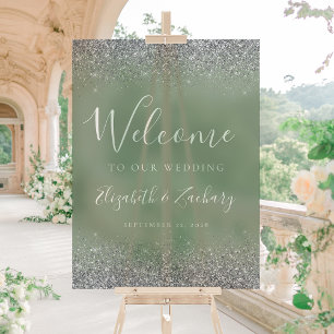 Moderne Silver Glitzer Sage Green Wedding Willkomm Acrylschild
