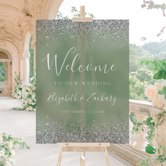 Moderne Silver Glitzer Sage Green Wedding Willkomm Acrylschild (Von Creator hochgeladen)