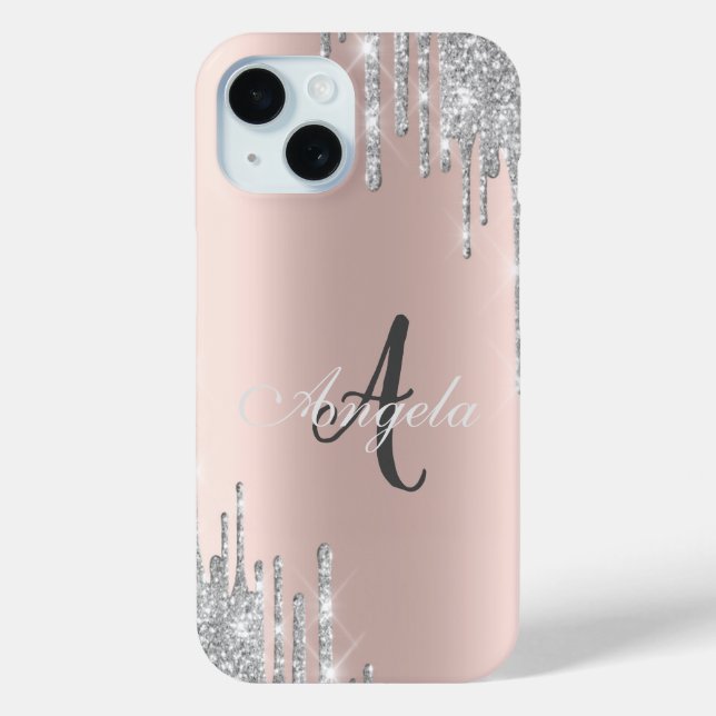 Moderne Silver Glitzer Tropfen, Rose Gold, Monogra Case-Mate iPhone Hülle (Rückseite)