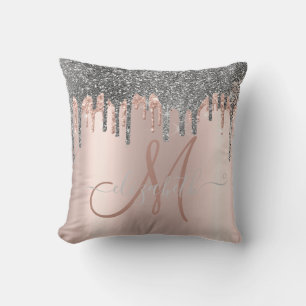 Moderne Silver Glitzer Tropfen Rose Gold Monogram Kissen