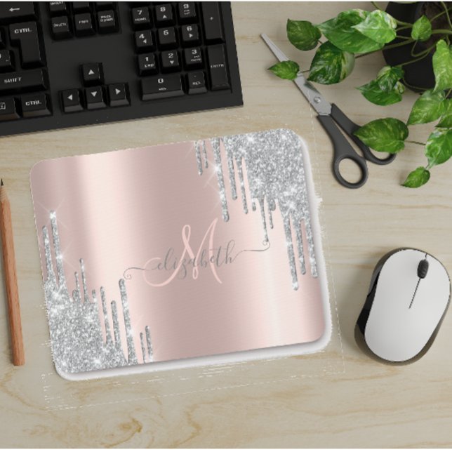 Moderne Silver Glitzer Tropfen Rose Gold Monogram Mousepad (Von Creator hochgeladen)